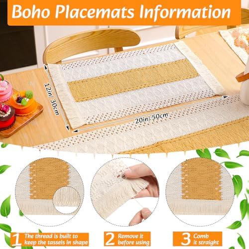6 Sets Boho Placemat Table Runner Napkin Rings, Yellow, 12x72 - Image 2