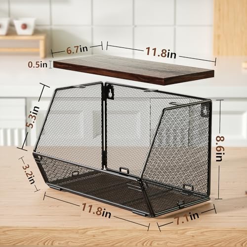 3-Pack Stackable Wire Basket with Wood Lid - Wall Mounted Fruit & Vegetable Bowl for Kitchen, Potato & Onion Storage - Image 6