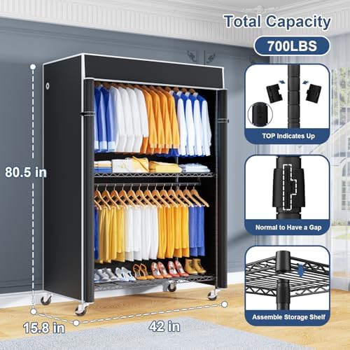 ULIFHOME P8C Pro Heavy Duty Clothes Rack（With Extended Width Design） Rolling Clothing Racks for Hanging Clothes with Lockable Wheels，42" W x 15.8" D x 80.5" H，Load 700LBS，Black Rack with Black Cover - Image 2