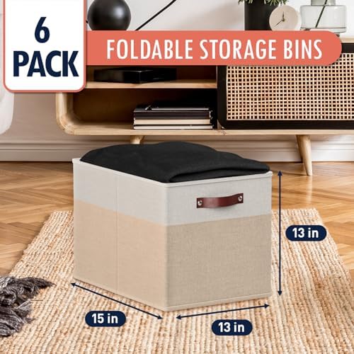 Ornavo Home 13x15x13 Foldable Fabric Storage Cube Bins, 6 Pack, White/Khaki - Image 3