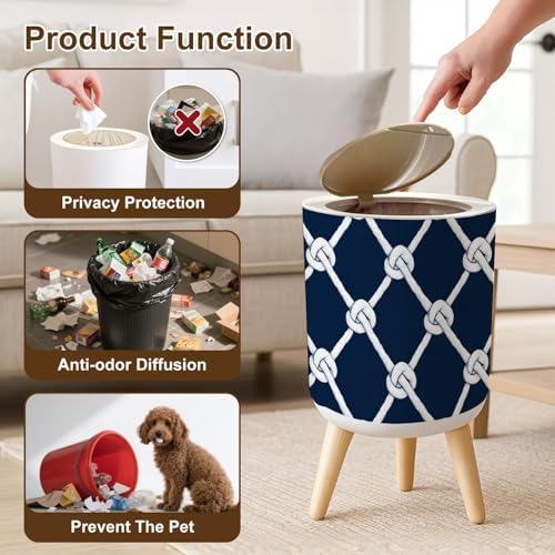 Trash Can with Lid Seamless nautical rope Endless navy white loop ornament Marine Carrick Small Garbage Can with Legs Waste Bin Press Cover Wastebasket for Kitchen Bathroom Living Room 7L/1.8 Gallon - Image 6