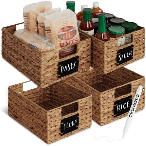 Best Choice Products Set of 4 9x12in Water Hyacinth Pantry Baskets, Woven Organizers w/Chalkboard Label, Chalk Marker - Chestnut by Unknown