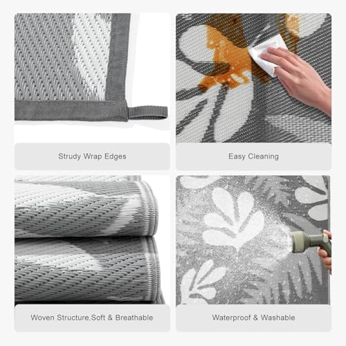 wikiwiki Outdoor Rug, 9x18ft Waterproof Reversible Mat Indoor Outdoor Rugs Carpet, Small Area Rug Plastic Straw Rug for Patio Deck Balcony Pool RV Camping Beach Picnic, Grey Leaves, Rugscape Series - Image 5