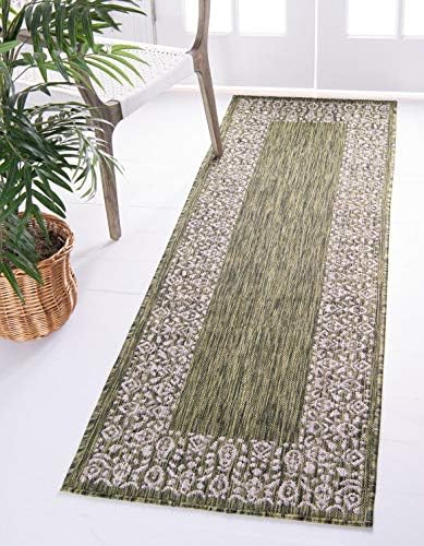Unique Loom Outdoor Border Collection Area Rug - Floral Border (2' x 6' 1" Runner, Green/ Ivory) by UniqueLoom