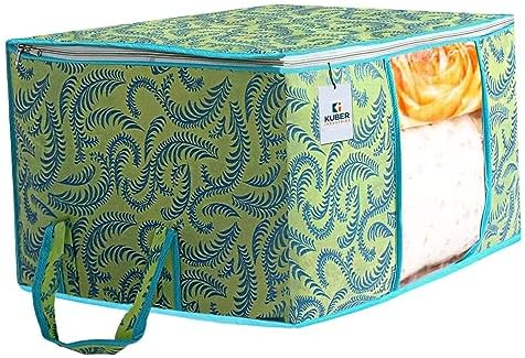 Kuber Industries Foldable Underbed Storage Bag|Organizer For Clothes Large|Non-Woven Comforter, Blanket Cover|Leaf Print & Side Handle|Pack of 12 (Green) - Image 2