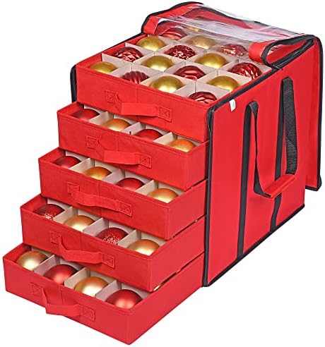 ProPik Christmas Ornament Storage Boxes with Dividers - 5 Separate Trays - Ornament Holder - Keeps 100 Holiday Ornaments - Durable Carrying Bag Handles Organizer Storage Box (Red) by ProPik