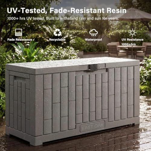 EAST OAK Outdoor Storage Box, 60 Gallon Deck Box Indoor and Outdoor Use, Waterproof Resin Storage Bin for Patio Cushions, Gardening Tools, Lockable, UV Resistant, Ash Grey - Image 4