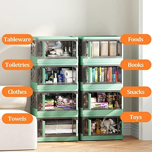 Storage Bins with Lids, Stackable Wheels & Folding Plastic Boxes 4 Set, Collapsible Containers for Closet Office Organizing, Clothes, Toys, Books, 52 Gallons, Dark Green - Image 4