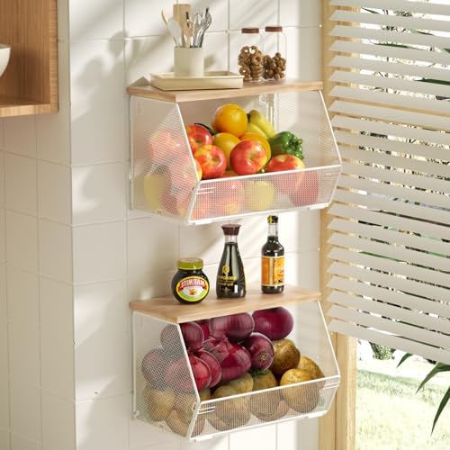 2 Tier Fruit Basket for Kitchen Counter, Stackable Onion and Potato Storage Basket, Wall Mounted Wire Basket with Wood Lid, Hanging Kitchen Storage Vegetable Organizer, 11.8 x 7.1 x 8.6 Inch by Litwaro