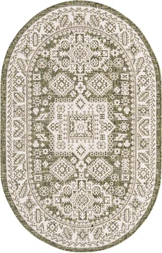 Rugs.com - Outdoor Aztec Rug – 3' 1 x 5' 3 Oval Green Indoor/Outdoor Rug – Weather-Resistant Flatweave for Patio, Deck, and Porch - Image 3