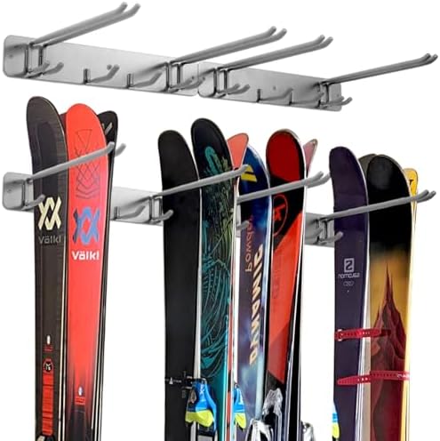 Wall Mount Ski Storage Rack,Garage Snowboard Storage Organizer 8 Pairs Metal Hooks Indoor Outdoor System Organization（Grey 2pack by Aking+Ace