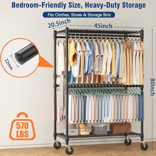 Homdox Heavy Duty Rolling Clothes Rack, Adjustable Clothing Rack for Hanging Clothes, Portable Closet Rack with 4 Hanging Rods, 2 Storage Shelves, 45" W x 20.5" D x 80" H, Black - Image 2