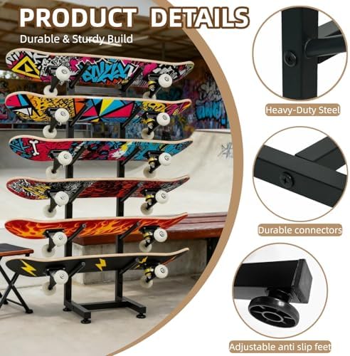 6-Tier Skateboard Racks Floor Stand, Black - Image 6
