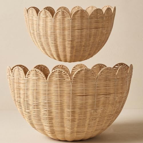 2 Pack Scalloped Wall Basket, Hanging Wicker Basket, Handwoven Wall Mounted Storage Basket（15.76 x 10 x 7 & 13.7 x 8 x 6 Inch）, for Bathroom Bedroom Kitchen Entryway Decor by Unknown