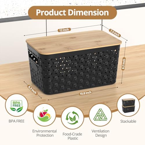Plastic Storage Bins with Bamboo Lids, Stackable Small Box Baskets for Organizing and Containers for Shelves Drawers Desktop Closet Pantry Classroom Office Home, 4 Pack 12x7.3x6.2 Inch, Black - Image 2