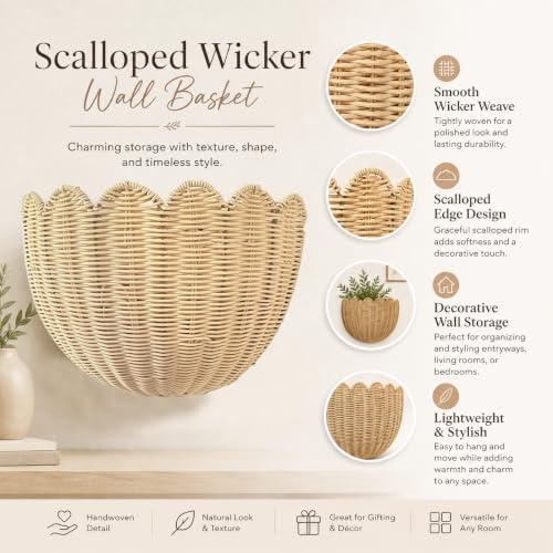 Set of 2 Scalloped Hanging Wicker Baskets for Wall, Scalloped Home Decor, Hanging Woven Rattan Wall Basket for Flowers Front Door Bathroom Storage (Imitation Rattan) - Image 4