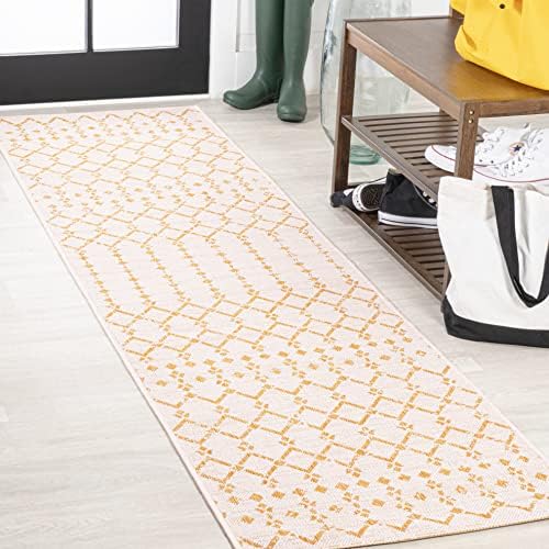 Eyely Moroccan Woven Runner Rug 2X10 Cream/Yellow, Indoor Outdoor Rug by eyely