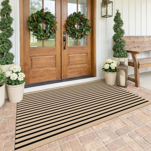 KOZYFLY 4x6 ft Brown and Black Striped Rug Front Door Rug Cotton Woven Rugs by KOZYFLY