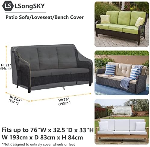 Patio 3-Seater Sofa Cover,Outdoor Couch Cover Fits up to 76W x 32.5D x 33H Inches,100% Waterproof Heavy Duty Patio Furniture Covers,Black - Image 3