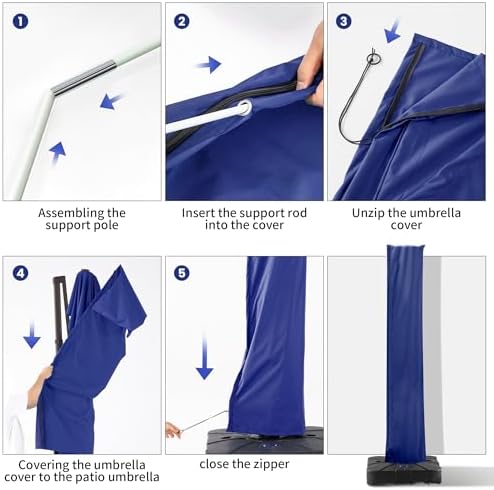 Cantilever Patio Umbrella Cover with Zipper and Pole, Navy - Image 6