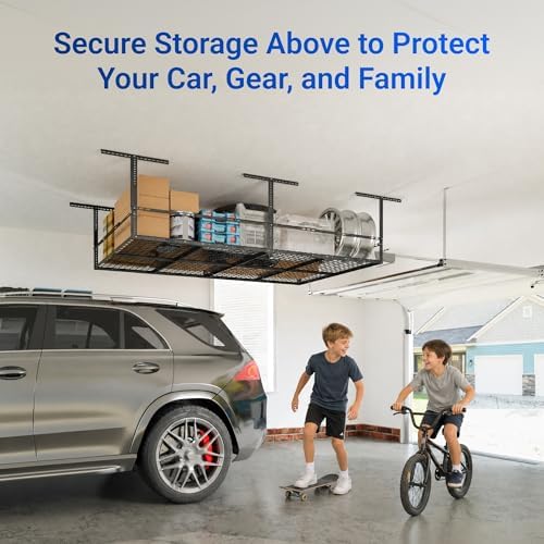 FLEXIMOUNTS 4x8 Overhead Garage Storage Rack with Safety Rails, Hammertone - Image 4