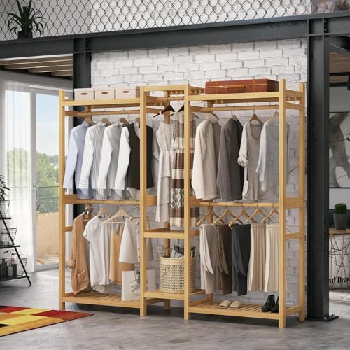 Homykic Bamboo Clothing Rack with 7 Shelves, 5 Hang Rods, 70” Wide, Natural - Image 3
