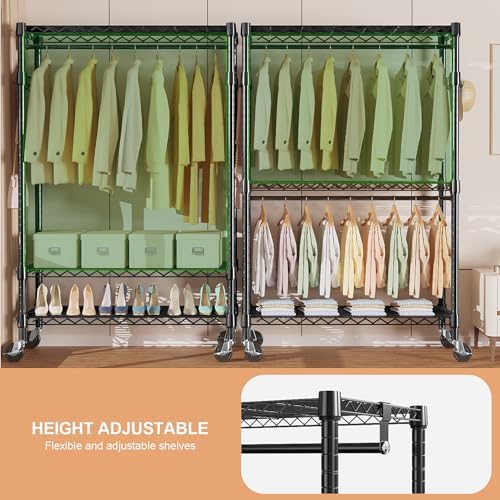 M MZG Heavy Duty Rolling Garment Rack 3 Tiers Adjustable Wire Shelving Clothes Rack with 2 Rods and Side Hooks, Storage Closet Clothing Rack with Wheels Black 17.7" D x 47.2" W x 83.6" H - Image 5