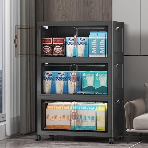 UAMFURI Stackable Storage Bins with Lids & Wheels & Door, Foldable Collapsible Closet Organizers, Extra Large Plastic Storage Drawers for Bedroom Dorm Office Garage (Dark-52qt, 3Pack with 1 top lid) by UAMFURIDirect