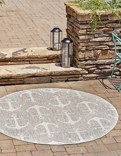 Unique Loom Outdoor Coastal Collection Area Rug - Ahoy (3' 3" Round, Gray/Ivory) by UniqueLoom
