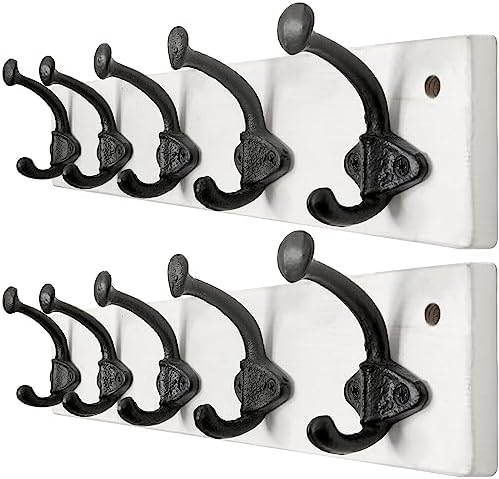 WEBI Rustic Coat Rack Wall Mount,5 Cast Iron Coat Hooks Wall Mounted,Heavy Duty Antique Vintage Hooks for Hanging Coats,Jacket,Clothes,Black on White,2 Packs by WEBI