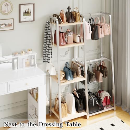 HavenlyYouth Purse Storage Organizer for Closet, 4-Tier Iron Wood Purse Rack, 8 Purse Hooks & 2 Side Hooks for Bag Organizer, Large Capacity Handbag Storage Rack for Home, Living Room, Silver - Image 2