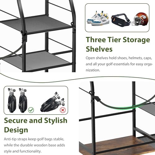 Jsskeeim Golf Bag Storage Organizer for Garage Organization, Golf Bag Stand for Golf Bag Accessories, Spacious Golf Rack for Golf Clubs & Golf Essentials, Ideal Golf Gifts for Men (Fits 2 Golf Bags) - Image 3