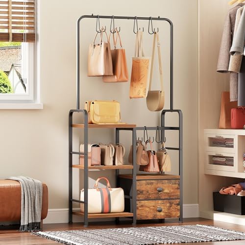 HOOBRO 3-Tier Tall Purse Organizer with Hooks & Drawers - Image 2