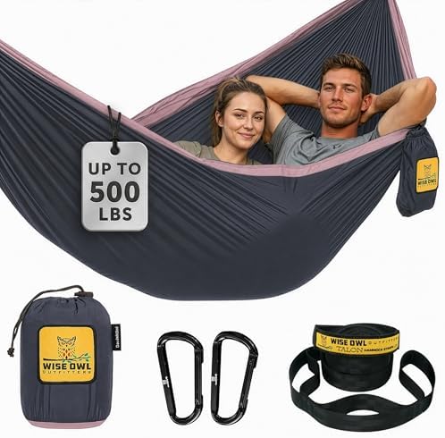 Wise Owl Outfitters Hammock for Camping Double Hammocks Gear for The Outdoors Backpacking Survival or Travel - Portable Lightweight Parachute Nylon DO Charcoal Rose by WiseOwlOutfitters
