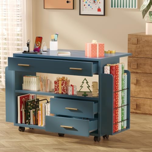 Gift Wrap Storage Cart with Foldable Drop Leaf, Crafting Table with Storage - Image 3
