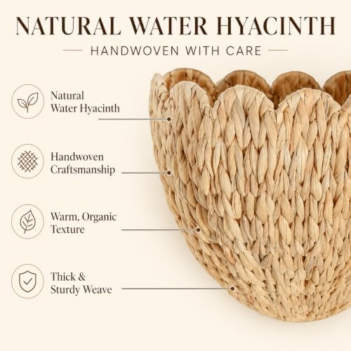 Scalloped Hanging Wicker Baskets for Wall, Scalloped Home Decor, Hanging Woven Rattan Basket for Flowers Front Door Bathroom Storage (Water Hyacinth-Set of 2) - Image 4