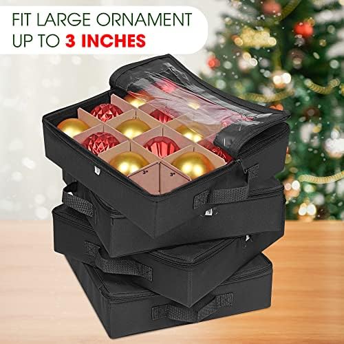 ProPik 4 Pcs Christmas Ornament Storage Boxes with Dividers | 4 Individual Trays Hold 64 Holiday Decoration Balls | Durable Ornaments Organizer Storage Box | Zippered Closure with Handles (Black) - Image 7