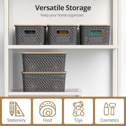 Plastic Storage Bins with Bamboo Lids, Stackable Small Box Baskets for Organizing and Containers for Shelves Drawers Desktop Closet Pantry Classroom Office Home, 6 Pack 10.2x7.2x4.1 Inch, Gray - Image 6