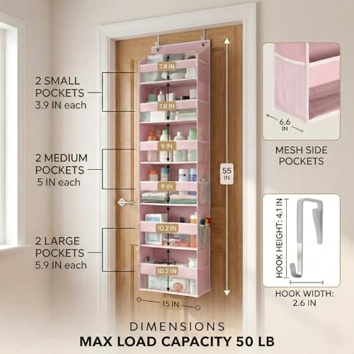 HOMELUX THEORY Over the Door Organizer, 6-Tier, 100D Fabric, Baby Pink 2pc - Image 2