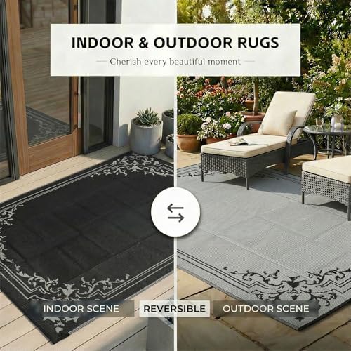 wikiwiki 9x18ft Outdoor Rug, Reversible Plastic Patio Rug Waterproof, Indoor Outdoor Carpet Clearance, Large Area Carpet for Patio Deck Balcony Pool RV Camping Beach Picnic, Classic Black - Image 4