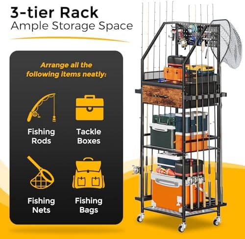 Fishing Rod Holder Organizer with Fabric Drawer & Pegboard - Image 3