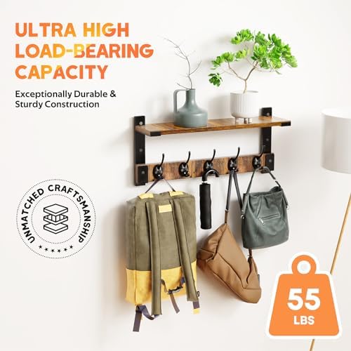 Oraich Wall Hooks with Shelf, Coat Rack Wall Mount with Hooks for Coat Backpack Key Clothes Hanger, Wall Floating Shelf Hanging in Entryway, Living Room, Bathroom, Kitchen(Black Brown & Black) - Image 3