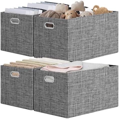 Posprica Closet Storage Bins, 4 Pack Large Closet Shelf Organizers, Linen Fabric Decorative Storage Baskets for Organizing, Foldable Storage Box for Clothes, 16.5x12x10.25 Inch (Black) by Posprica