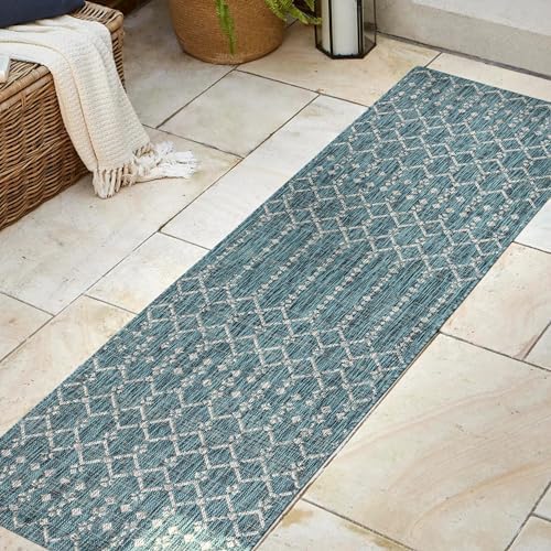 Eyely Moroccan Textured Weave Runner Rug 2X8 Teal/Gray, Indoor Outdoor Rug - Image 5