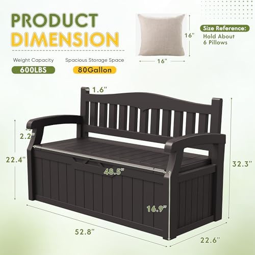 Greesum 80 Gallon Storage Bench Outdoor Deck Box with Armrest, Brown - Image 3