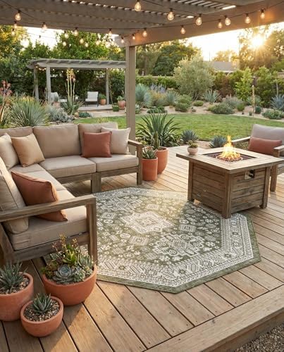 Rugs.com - Outdoor Aztec Rug – 8 Ft Octagon Green Indoor/Outdoor Rug – Weather-Resistant Flatweave Area Rug for Patio, Deck, and Porch by Rugscom