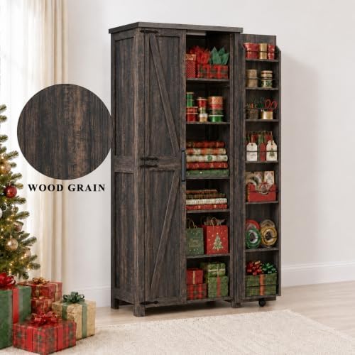 FIMELLO 71" H Gift Wrap Storage Cabinet, Craft Storage Cabinet, Rustic Oak - Image 5