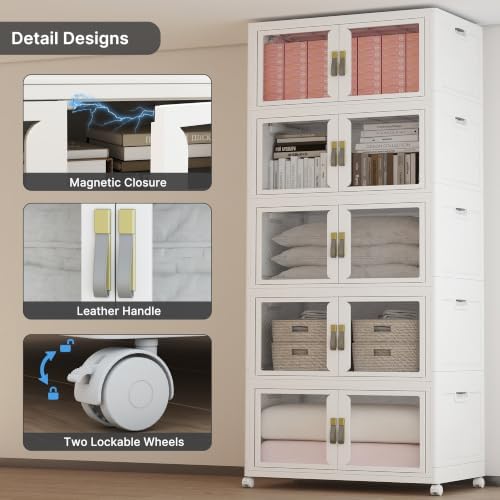 UAMFURI Stackable Storage Bins with Lids, Clear Doors, Large Storage Cabinet Foldable Collapsible Closet Organizers for Bedroom Dorm Office (5, White, 180, Quarts) - Image 4