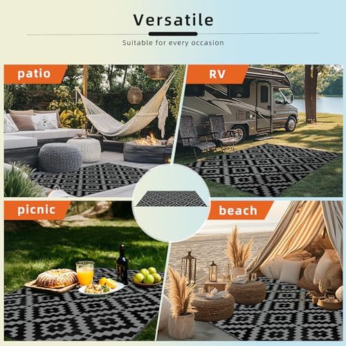 Favoyard Outdoor Rug Black & Grey 8x10 ft Waterproof Reversible Carpet Mat - Image 6