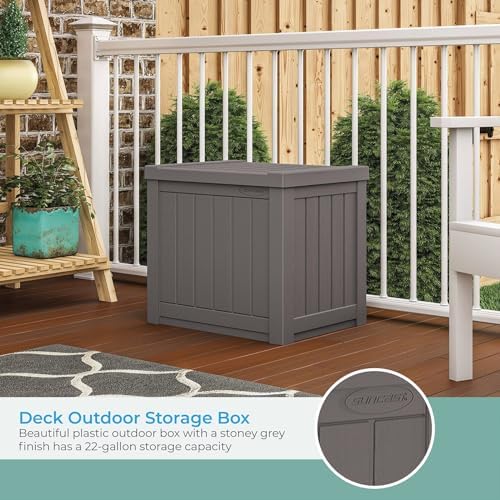 Suncast 22-Gallon Small Deck Box - Lightweight Resin Indoor/Outdoor Storage Container and Seat for Patio Cushions and Gardening Tools - Store Items on Patio, Garage, Yard - Stone Gray, Made in the USA - Image 3